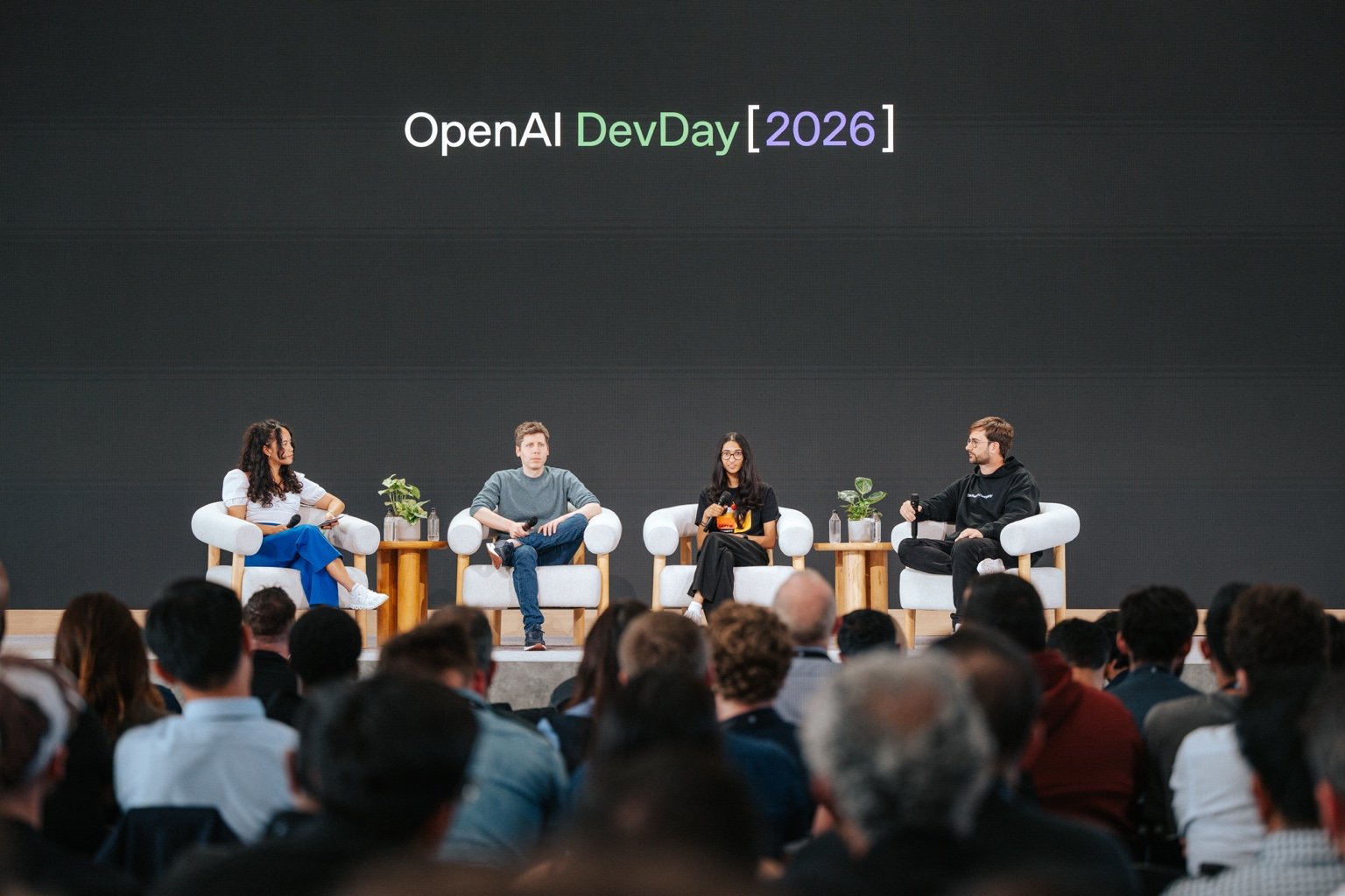 Pauline moderating the closing OpenAI DevDay 2026 panel with Sam Altman, Tejal Patwardhan and Thibault Sottiaux