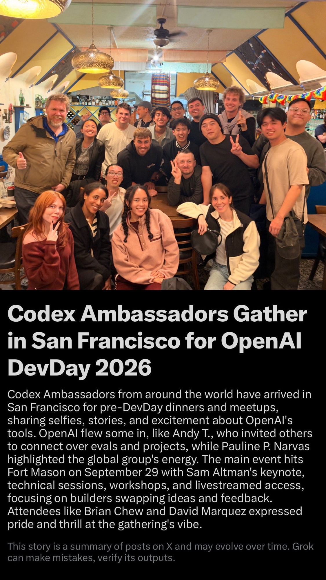 Screenshot of an X story titled Codex Ambassadors Gather in San Francisco for OpenAI DevDay 2026, featuring our group photo